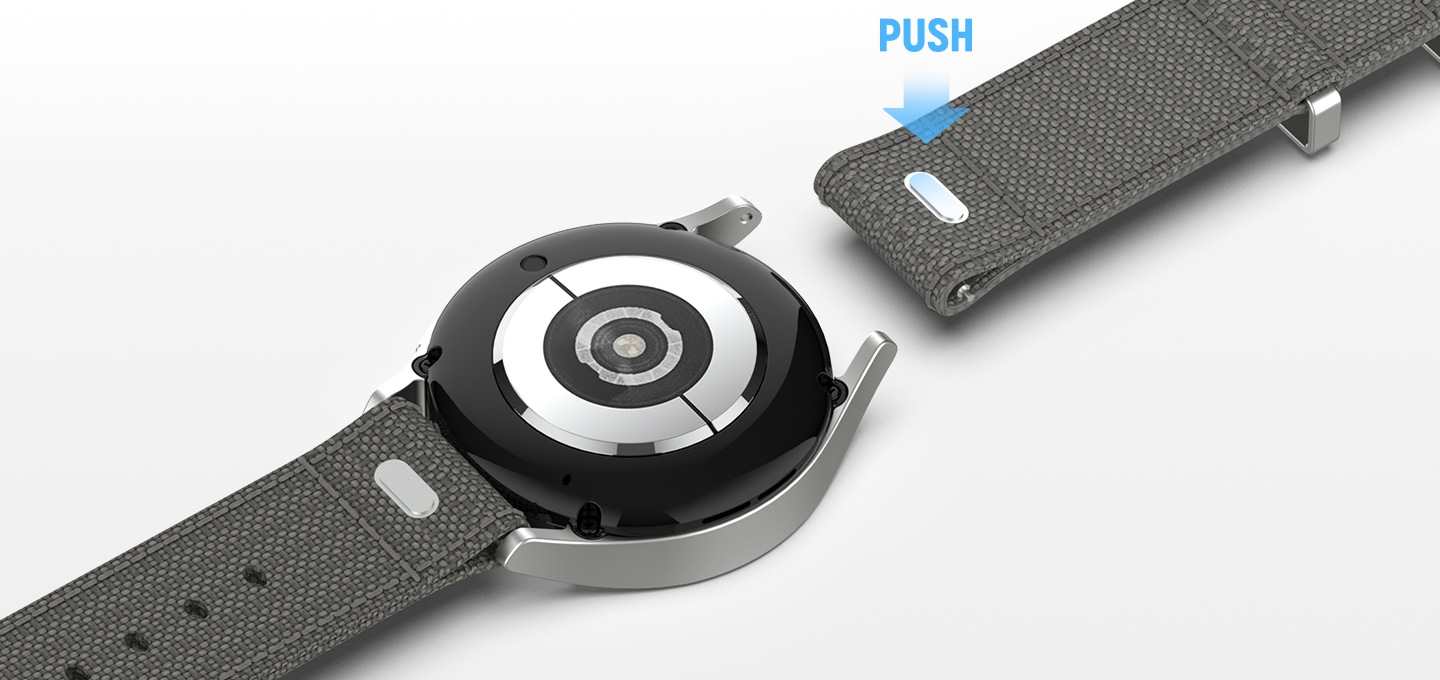 흰색 배경에 갤럭시 워치6 나토 스트랩 (다크 그레이)가 워치에 장착된 부분을 확대하여 보여주는 이미지입니다. 이미지 오른쪽 부분에는 버튼 부분을 가리키며 PUSH 텍스트가 쓰여있습니다.  