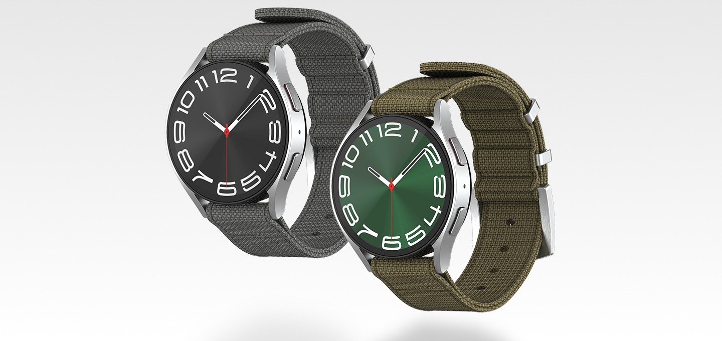 연한 회색 배경에 이미지 중간 부분에는 갤럭시 워치6 나토 스트랩 (다크 그레이), 갤럭시 워치6 나토 스트랩 (카키)가 각각 워치에 장착 후 동그랗게 말린 이미지를 왼쪽에서 오른쪽으로 나열한 이미지입니다.