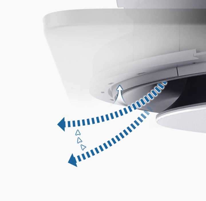 360천장형 시스템에어컨의 바람 나오는 모습이 확대되어 보이며, 바람이 나오는 듯한 모습이 보여지며 아래에서 위로  빈틈없이 시원하게 만들어 준다는 듯한 모습이 보여집니다.