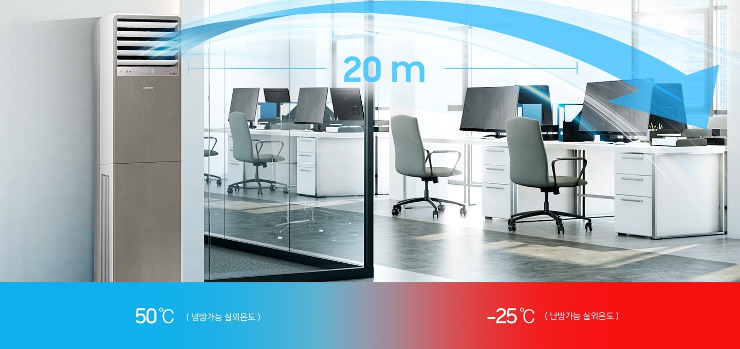 사무실로 보여지는 공간에 흰책상에 컴퓨터가 전부 놓여져 있으며 총 8개의 책상과 의자가 보여집니다. 복도쪽에 상업용 중대형 냉난방 에어컨이 작동중이며 에어컨에서 20m 까지 바람이 가는듯한 형상과 문구가 보여집니다. 하단 좌측엔 파란색으로 50도 냉방기능 실외 온도 , 우측엔 -25도 난방기능 실외 온도 문구가 함께 보여집니다. 