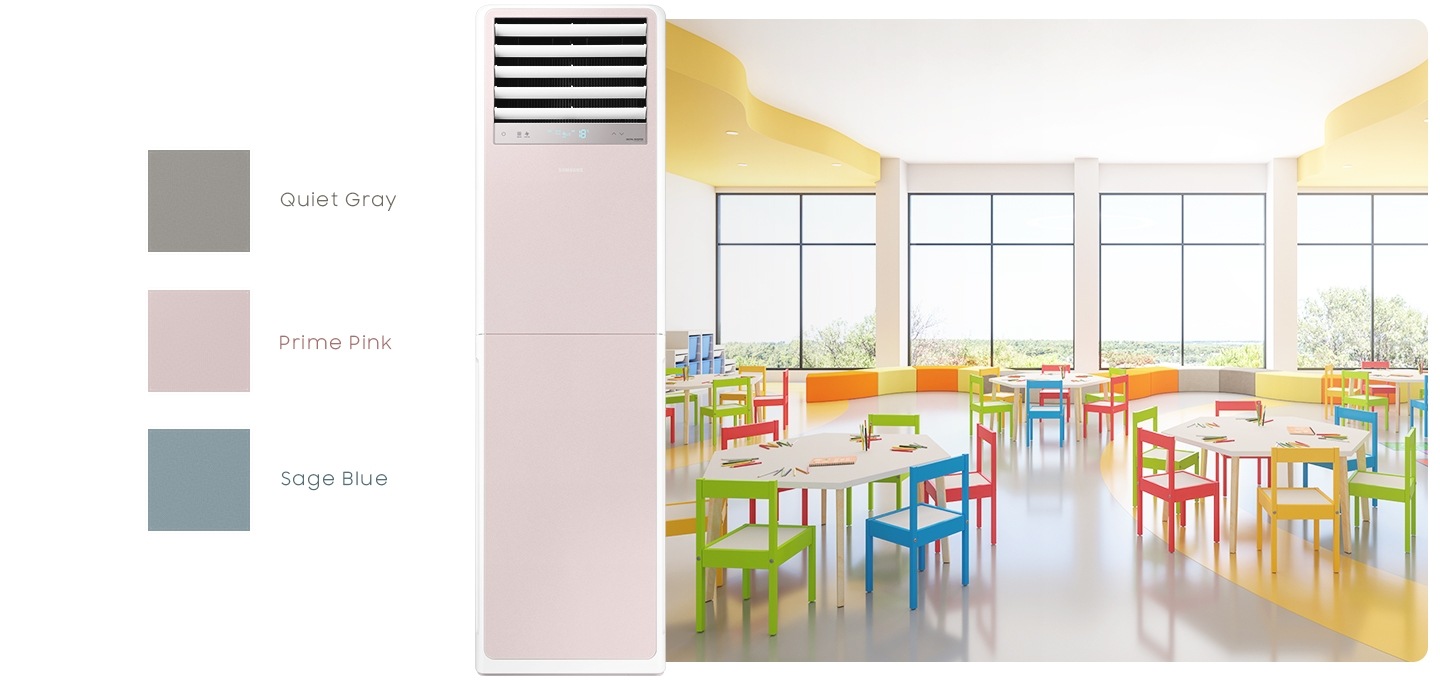 우측에 유치원으로 보여지는 공간에 알록달록한 무지개색이 입혀진 어린이용 의자들이 보이고 각 탁자 마다 빡간색 초록색 파란색 노란색 등 의자가 있습니다. 정면에는 통창이 있어 해가 잘 들어오며 창밖으로는 나무와 풀이 보입니다. 가운데는 상업용 중대형 냉난방에어컨이 보여집니다. 좌측엔 에어컨의 컬러로 보여지는 사각형 3개가 있으며, 맨 위부터 quiet gray, prime ponk, sage blue 문구와 함께 컬러도 함께 보여집니다. 