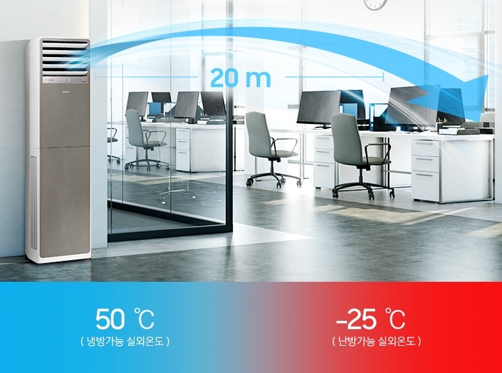 사무실로 보여지는 공간에 흰책상에 컴퓨터가 전부 놓여져 있으며 총 8개의 책상과 의자가 보여집니다. 복도쪽에 상업용 중대형 냉난방 에어컨이 작동중이며 에어컨에서 20m 까지 바람이 가는듯한 형상과 문구가 보여집니다. 하단 좌측엔 파란색으로 50도 냉방기능 실외 온도 , 우측엔 -25도 난방기능 실외 온도 문구가 함께 보여집니다. 
