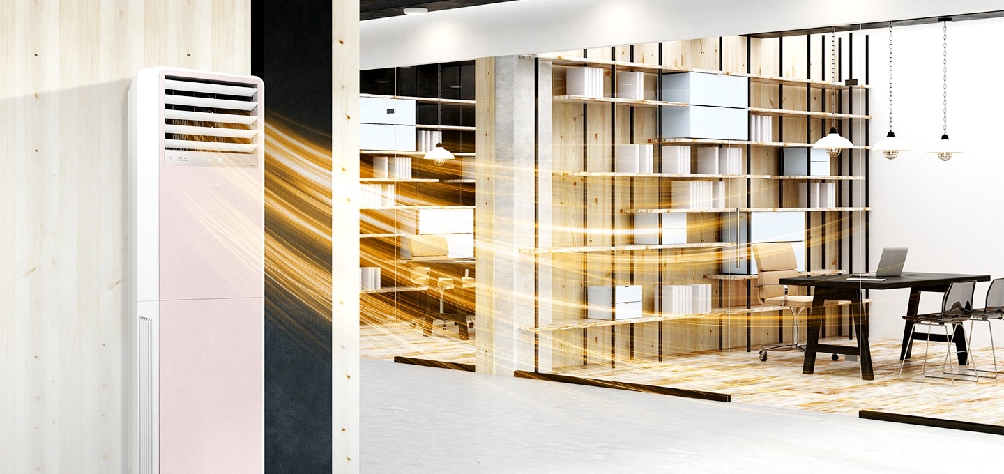 회의실이 보여지는 공간에 좌측벽에 상업용 중대형 냉난방 에어컨이 보이며 따뜻한 바람이 나오는듯한 형상이 보여지고 우측엔 유리문과 유리 벽으로된 회의실 및 사무실에 보여집니다. 