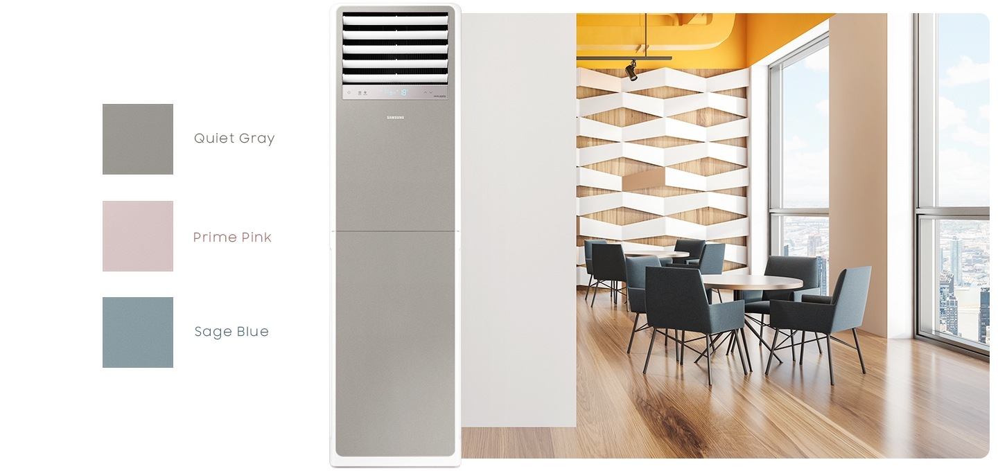 우측엔 고층에 위치한 레스토랑 처럼 보여지는 공간에 우측벽변엔 통창이 보여지고 통창 밖으로는 조그만하게 아래 건물들이 보여집니다. 창 앞에는 원형모양의 식탁이 2개 있으며 각 테이블당 일인용 의자가 4개씩 있습니다. 가운데는 상업용 중대형 냉난방에어컨이 보여집니다. 좌측엔 에어컨의 컬러로 보여지는 사각형 3개가 있으며, 맨 위부터 quiet gray, prime ponk, sage blue 문구와 함께 컬러도 함께 보여집니다. 