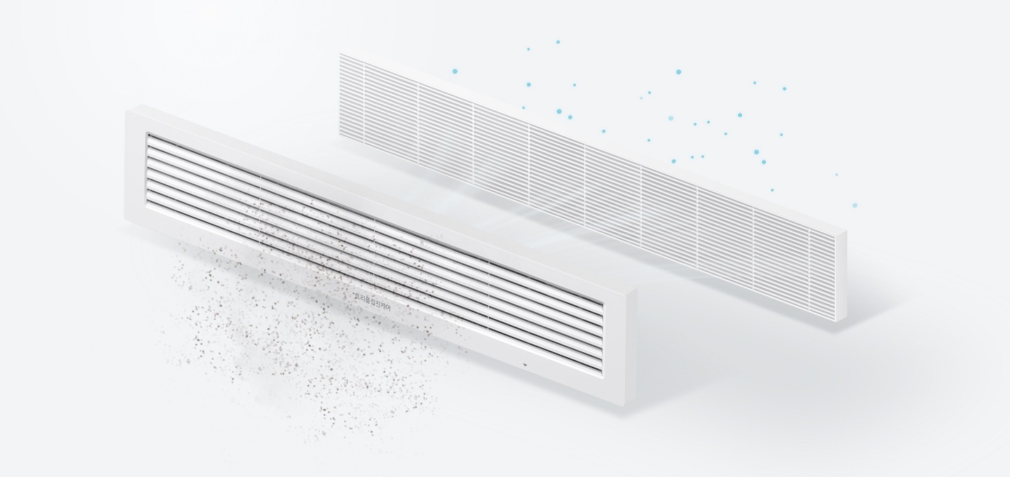 먼지가 미세먼지 필터를 통과하는 모습을 보여줍니다.