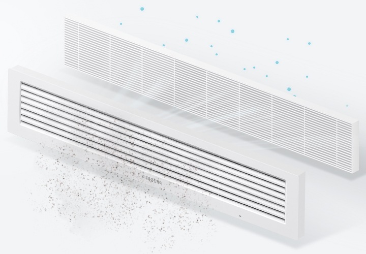 먼지가 미세먼지 필터를 통과하는 모습을 보여줍니다.