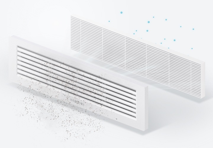 먼지가 미세먼지 필터를 통과하는 모습을 보여줍니다.