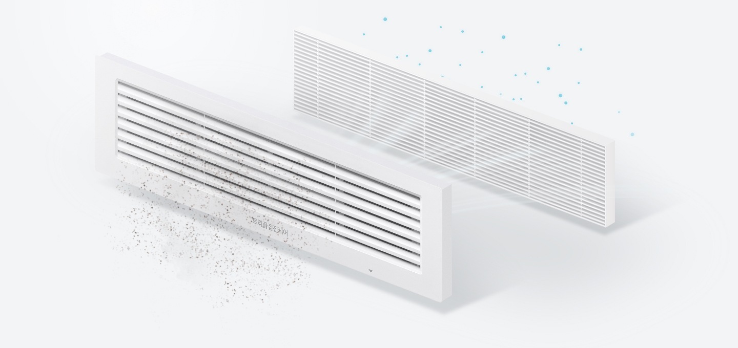 먼지가 미세먼지 필터를 통과하는 모습을 보여줍니다.