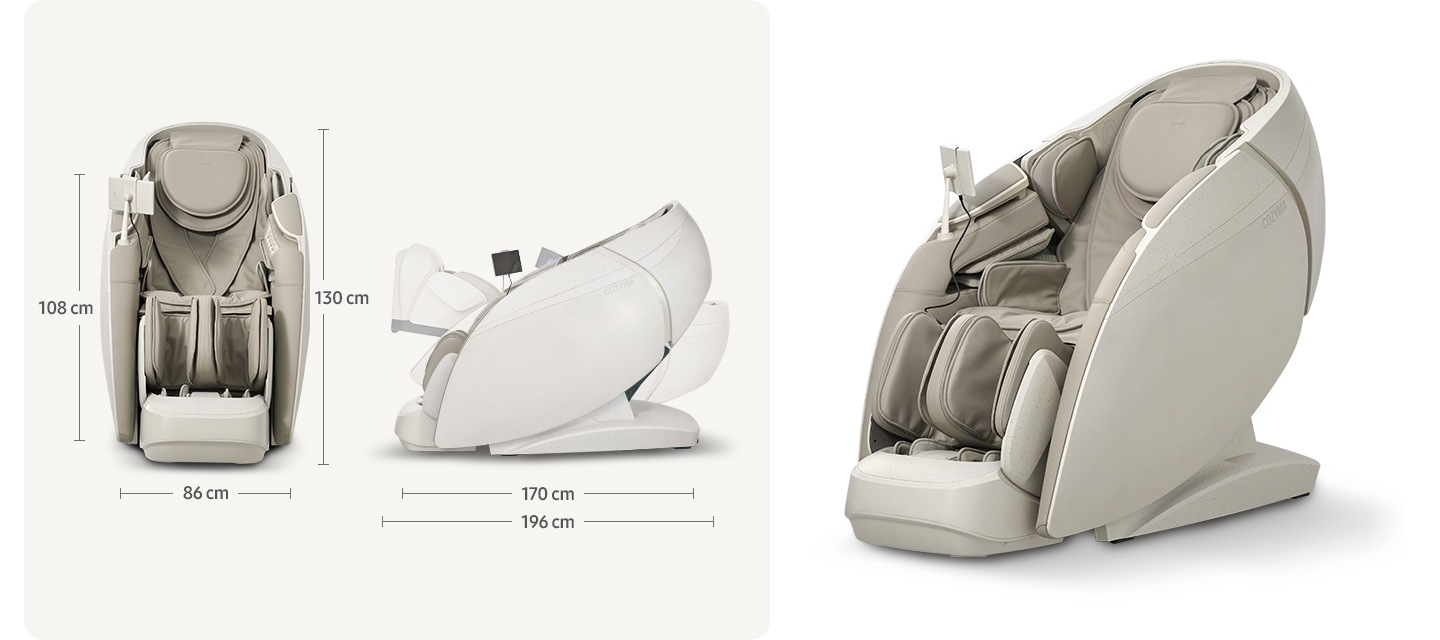왼쪽 상단에는 코지마 안마의자의 정면이 보이며 안마의자 왼쪽에 108cm의 텍스트가 보이며 오른쪽에는 130CM의 텍스트가 보이며 하단에는 86CM의 텍스트가 보입니다. 왼쪽 하단에는 170cm의 텍스트가 보이며 그 아래에 196CM의 텍스트가 보입니다. 오른쪽에는 코지마 안마의자의 우측면이 보입니다.