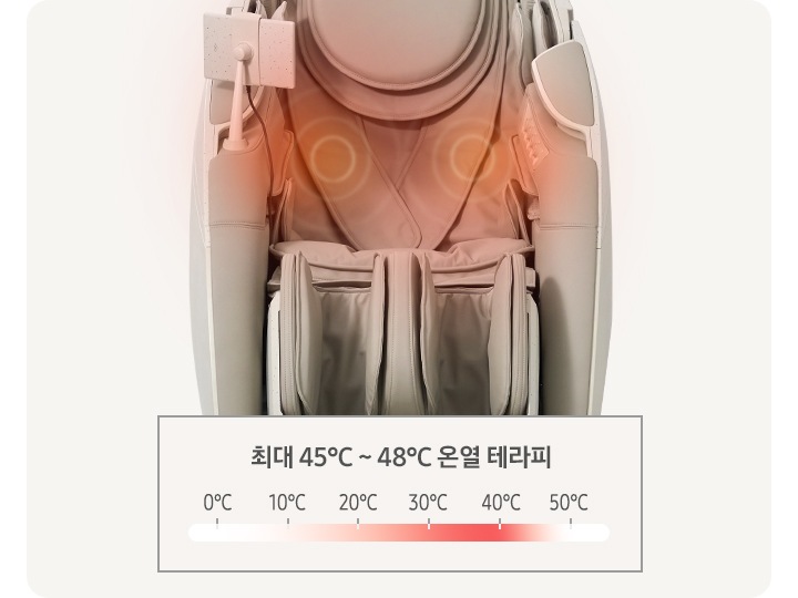 코지마 안마의자의 정면이 보이며 등 부분에 열이 나는 모션이 보입니다. 하단에는 최대 45℃ ~ 48 ℃ 온열 테라피의 텍스트가 보이며 아래에는 왼쪽부터 0 ℃, 10 ℃, 20 ℃, 30 ℃, 40 ℃, 50 ℃의 텍스트가 보이며 20 ℃에서 40 ℃사이에 그라데이션으로 색이 있습니다.