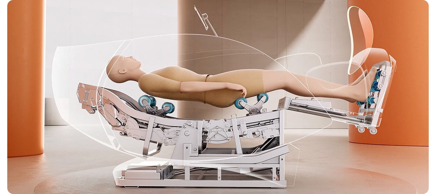 사람의 모형이 코지마 안마의자를 사용하여 170도까지 기울어져 있는 모습이 보입니다. 안마의자는 투명하게 보여 엔진이 사람을 마사지하는 것으로 보입니다.