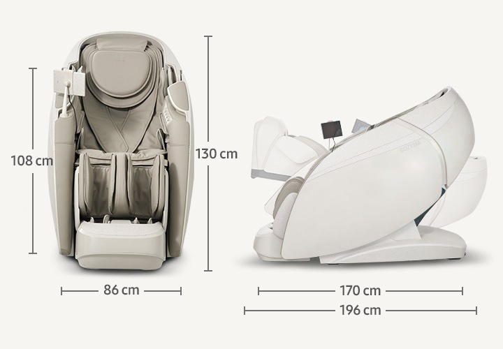 왼쪽 상단에는 코지마 안마의자의 정면이 보이며 안마의자 왼쪽에 108cm의 텍스트가 보이며 오른쪽에는 130CM의 텍스트가 보이며 하단에는 86CM의 텍스트가 보입니다. 왼쪽 하단에는 170cm의 텍스트가 보이며 그 아래에 196CM의 텍스트가 보입니다. 오른쪽에는 코지마 안마의자의 우측면이 보입니다.