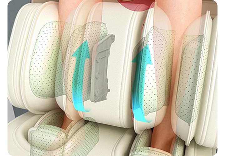 코지마 안마의자의 종아리 부분이 보입니다. 화살표로 위로 마사지하는 모습이 보입니다.