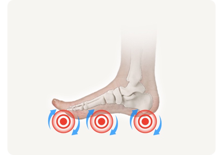 발의 모습이 투명하게 보이며 뼈가 보입니다. 발아래에 원이 회전하는 동그라미 이미지가 3개 보입니다.
