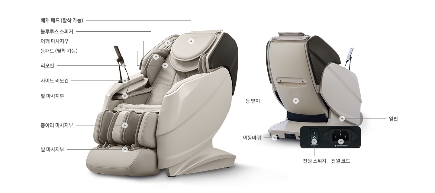 왼쪽에는 코지마 안마의자의 정면이 보이며 오른쪽에는 코지마 안마의자의 뒷면이 보입니다. 왼쪽 코지마 안마의자 정면에서 화살표로 관련 부위가 연결되어 있습니다. 위에서부터 차례대로 배게패드(탈착가능), 블루투스 스피커, 어깨 마사지부, 등패드(탈착가능), 리모컨, 사이드 리모컨, 팔 마사지부, 종아리 마사지부, 발 마사지부의 텍스트가 보이며 오른쪽 코지마 안마의자 뒷면에서 화살표로 관련 부위가 연결되어 있습니다. 위에서부터 차례대로 등받이, 옆판, 이동바퀴가 보입니다. 하단에는 전원 부분이 확대되어 전원스위치, 전원코드의 텍스트가 보입니다.