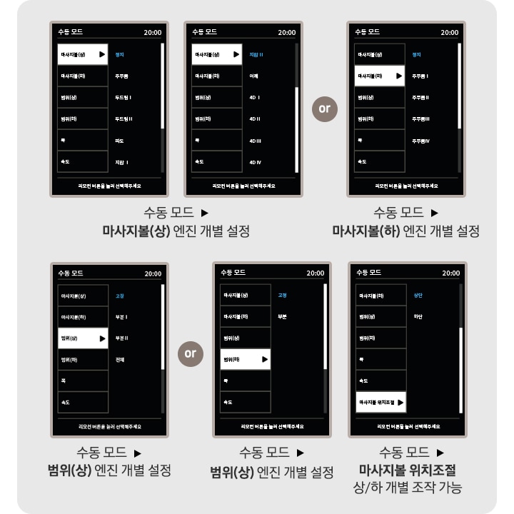 엔진의 설정의 이미지가 보이며 왼쪽 상단에는 수동모드 > 마사지볼(상) 엔진 개별설정의 이미지와 텍스트가 보이며 or 수동모드 > 마사지볼(하) 엔진 개별 설정의 이미지와 텍스트가 보입니다. 왼쪽 하단에는 수동모드 > 범위(상) 엔진 개별 설정의 이미자와 텍스트가 보이며 or 수동모드 > 범위(상) 엔진 개별 설정의 이미지가 보입니다. 수동모드 > 마사지볼 위치조절 상/하 개별 조작 가능의 이미지와 텍스트가 보입니다.