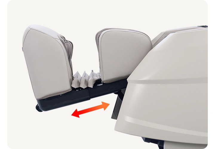 코지마 안마의자의 측면의 다리쪽이 보입니다. 다리 부분이 빨간색 화살표로 조절이 가능한 모습이 보입니다.