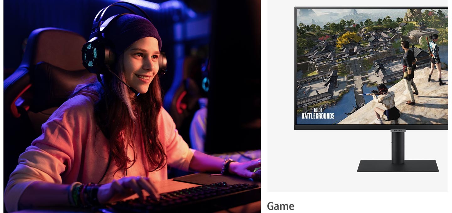 왼쪽 : 어두운 곳에서 헤드셋을 착용한 여성이 모니터를 바라보며 웃고 있습니다. 오른쪽 : 모니터 화면이 70% 정도 보이고 있으며, 화면에는 BATTLEGROUNDS 게임 화면이 보입니다. 모니터 왼쪽 아래 Game이라고 문구가 기재되어 있습니다.