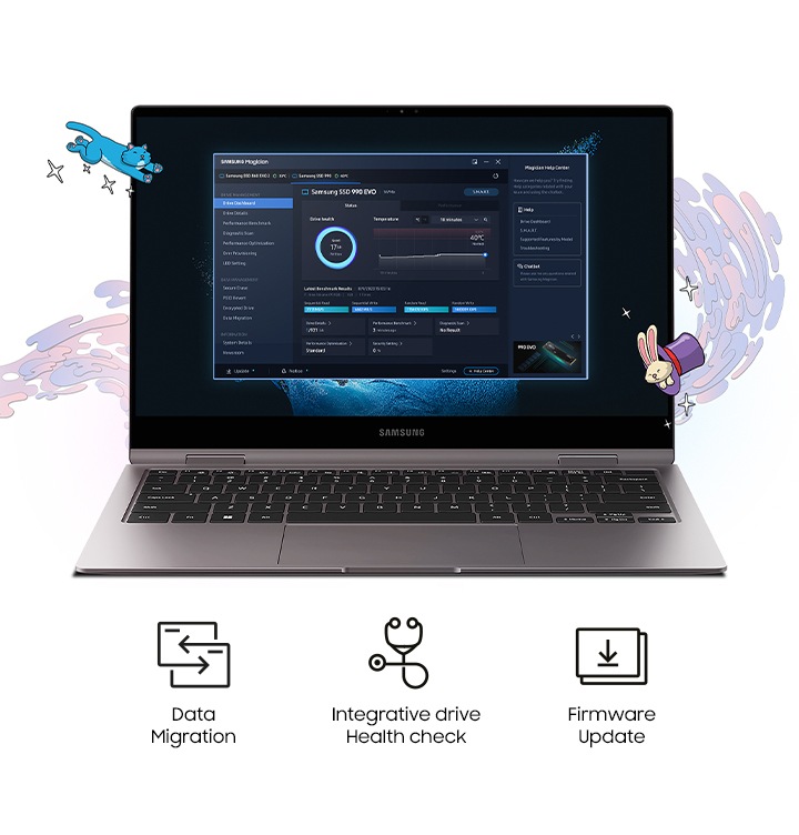 노트북 왼쪽 상단에는 파란색 고양이 캐릭터가 있으며, 오른쪽 하단에는 모자안에 토끼가 들어가 있는 모습의 캐릭터가 있습니다. 화면에는 Samsung Magician 소프트웨어가 보입니다. 노트북 하단에는 Data Migration, Integrative drive Health check, Firmware Update 문구와 아이콘이 있습니다.