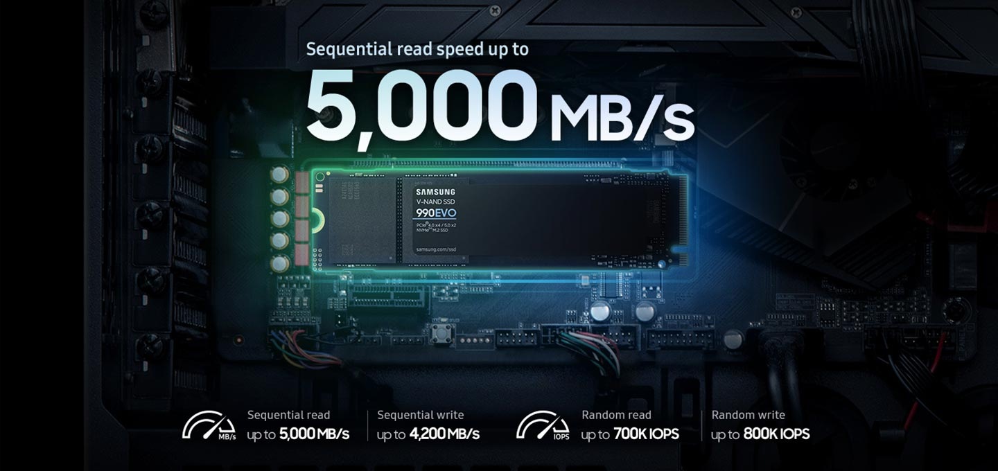 어두운 배경에 내장 SSD 990 EVO 제품과 제품 주위에 푸른색의 빛이 보입니다. 제품 위에는 Sequential read speed up to 5,000 MB/s 문구가 기재되어 있으며, 제품 왼쪽 아래에는 반원에 오른쪽 부분을 가리키는 아이콘과 Sequentinal Reads up to 5,000 MB/s, Sequentinal Writes up to 4,200 MB/s 문구가 기재되어 있으며, 오른쪽 아래에는 반원에 오른쪽 부분을 가리키는 아이콘과 Random read up to 700KIOPS, Random write up to 800KIOPS 문구가 기재되어 있습니다.