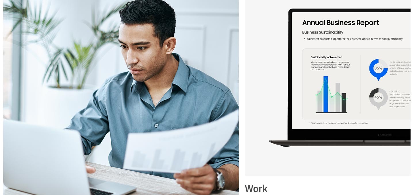왼쪽 : 남성이 노트북으로 업무를 보고 있습니다. 오른쪽 : 노트북 화면이 70 % 정도 보이며, 화면에는 각종 차트가 보입니다. 노트북 왼쪽 아래 Work라고 문구가 기재되어 있습니다.
