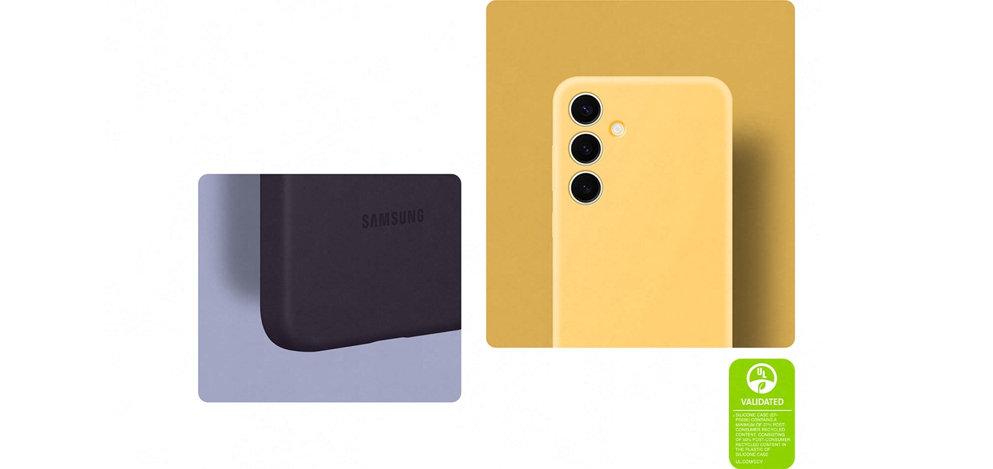 보라색 배경에 갤럭시 S24+가 표시되어 케이스가 가장자리에 잘 맞는다는 점을 강조합니다. 오른쪽에는 노란색 배경에 갤럭시 S24+가 정면으로 배치되어 있습니다. 이미지 아래쪽에는 초록색 인증 마크가 있습니다. * 갤럭시 S24+ 실리콘 케이스(EF-PS926)는 UL 인증을 받았으며, 최소 27 % 이상의 재활용 소재를 포함하고 있습니다. * 갤럭시 S24+ 실리콘 케이스의 플라스틱은 최소 50 % 이상의 재활용 소재를 포함하고 있습니다. UL.COM/ECV 등의 텍스트가 적혀 있습니다.