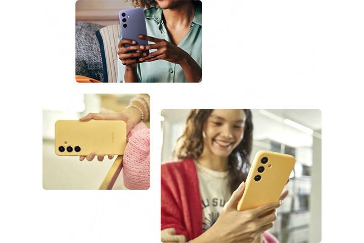 오른쪽 위에 한 여성이 바이올렛 컬러의 실리콘 케이스를 씌운 갤럭시 S24+를 편안하게 들고 있습니다. 아래 2장의 다른 사진에는 옐로우 컬러의 실리콘 케이스를 씌운 갤럭시 S24+를 한 손으로 들고 있는 장면이 표시되어 편안한 그립감을 강조하고 있습니다.