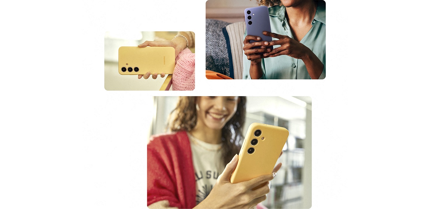 오른쪽 위에 한 여성이 바이올렛 컬러의 실리콘 케이스를 씌운 갤럭시 S24+를 편안하게 들고 있습니다. 아래 2장의 다른 사진에는 옐로우 컬러의 실리콘 케이스를 씌운 갤럭시 S24+를 한 손으로 들고 있는 장면이 표시되어 편안한 그립감을 강조하고 있습니다.