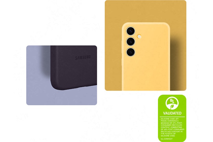 보라색 배경에 갤럭시 S24+가 표시되어 케이스가 가장자리에 잘 맞는다는 점을 강조합니다. 오른쪽에는 노란색 배경에 갤럭시 S24+가 정면으로 배치되어 있습니다. 이미지 아래쪽에는 초록색 인증 마크가 있습니다. * 갤럭시 S24+ 실리콘 케이스(EF-PS926)는 UL 인증을 받았으며, 최소 27 % 이상의 재활용 소재를 포함하고 있습니다. * 갤럭시 S24+ 실리콘 케이스의 플라스틱은 최소 50 % 이상의 재활용 소재를 포함하고 있습니다. UL.COM/ECV 등의 텍스트가 적혀 있습니다.