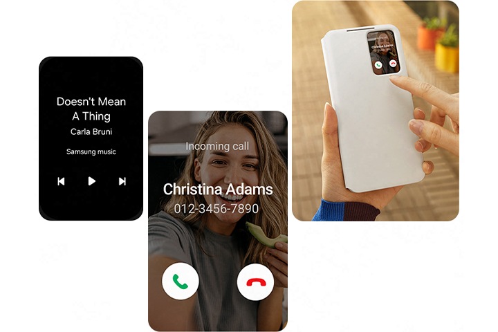 왼쪽 S-View 화면에는 음악 화면이 표시되고 그 옆에는 전화 수신 화면이 표시됩니다. 오른쪽에는 케이스를 열지 않고 S-View 화면으로 걸려오는 전화를 확인하고 있는 이미지가 있습니다.