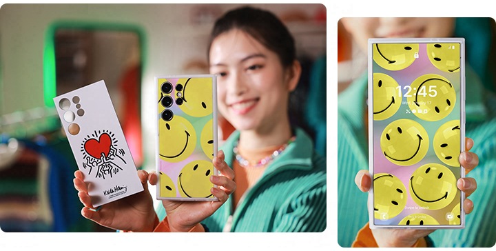 왼쪽 이미지에는 한 여성이 양손에 노란색 플레이트와 흰색 플레이트가 장착된 갤럭시 S24 울트라를 들고 있습니다. 오른쪽 이미지에는 기기 앞면이 드러나 있습니다. 노란색 플레이트가 장착되어 AOD 디스플레이에 노란색 스마일리가 표시됩니다.