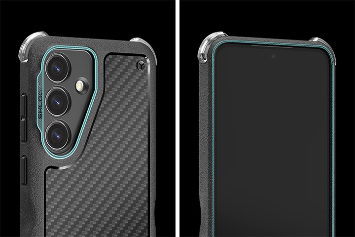 검정색 배경에 2가지 이미지가 왼쪽에서 오른쪽으로 나열되어 있습니다. 왼쪽 부분에는 갤럭시 S24 쉴드에어 러기드 케이스를 장착 후 오른쪽으로 20도 돌린 뒤에 카메라 부분을 확대한 정면 이미지가 있습니다. 오른쪽 부분에는 갤럭시 S24 쉴드에어 러기드 케이스를 장착 후 오른쪽으로 20도 돌린 뒤에 윗부분을 확대한 뒷면 이미지가 있습니다.