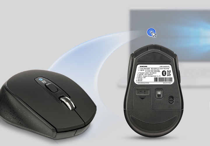 마우스 배면의 옵티컬 광센서 기능을 설명하는 이미지를 보여주고 있습니다. 노트북 PC가 놓여있고 마우스의 정면과 후면 이미지를 보여주고 있습니다.