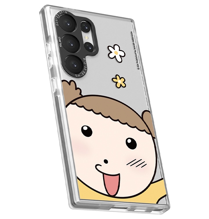 갤럭시 S24 Ultra 마루는 강쥐 임프레션 케이스를 장착 후 오른쪽 윗부분이 뒤로 10도 기울어진 정면 이미지가 이미지 중앙에 보이고 있습니다.