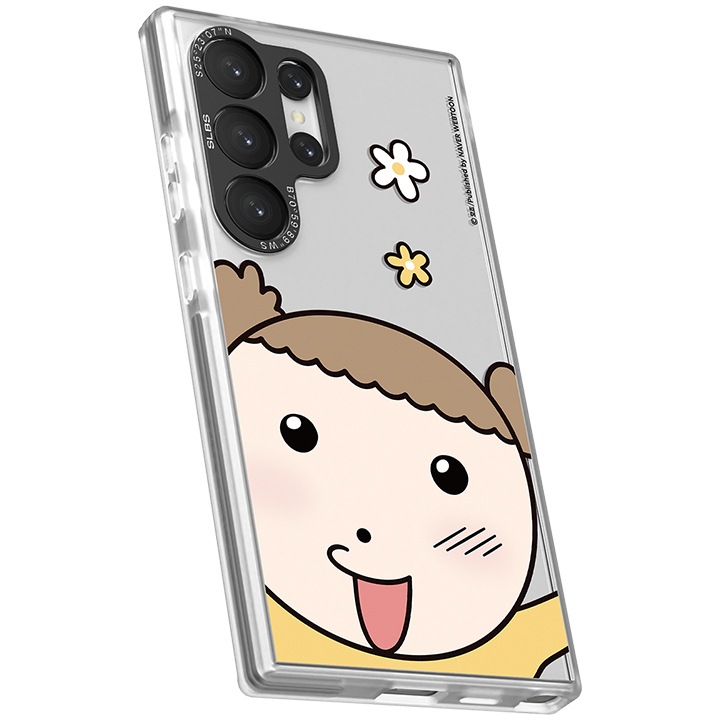 갤럭시 S24 Ultra 마루는 강쥐 임프레션 케이스를 장착 후 오른쪽 윗부분이 뒤로 10도 기울어진 정면 이미지가 이미지 중앙에 보이고 있습니다.