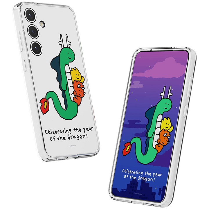 이미지 왼쪽 부분에는 갤럭시 S24+ 조구만 플립수트 카드를 장착 후 오른쪽으로 10도 돌아간 정면 이미지가 배치하여 있고 이미지 오른쪽 부분에는 갤럭시 S24+ 조구만 플립수트 카드를 장착 후 화면에 나오는 플립수트 카드 콘텐츠를 보여주는 이미지가 왼쪽 윗부분이 뒤로 10도 기울어져 배치되어 있는 이미지입니다.