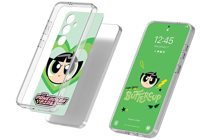 이미지 왼쪽 부분에는 플립수트 케이스와 갤럭시 S24+ 파워퍼프걸 플립수트를 단말에 장착하는 순서의 이미지가 배치하여 있고 이미지 오른쪽 부분에는 갤럭시 S24+ 파워퍼프걸 플립수트 카드를 장착 후 단말 화면에 나오는 이미지를 보여주고 있는 이미지가 배치되어 있는 이미지입니다.