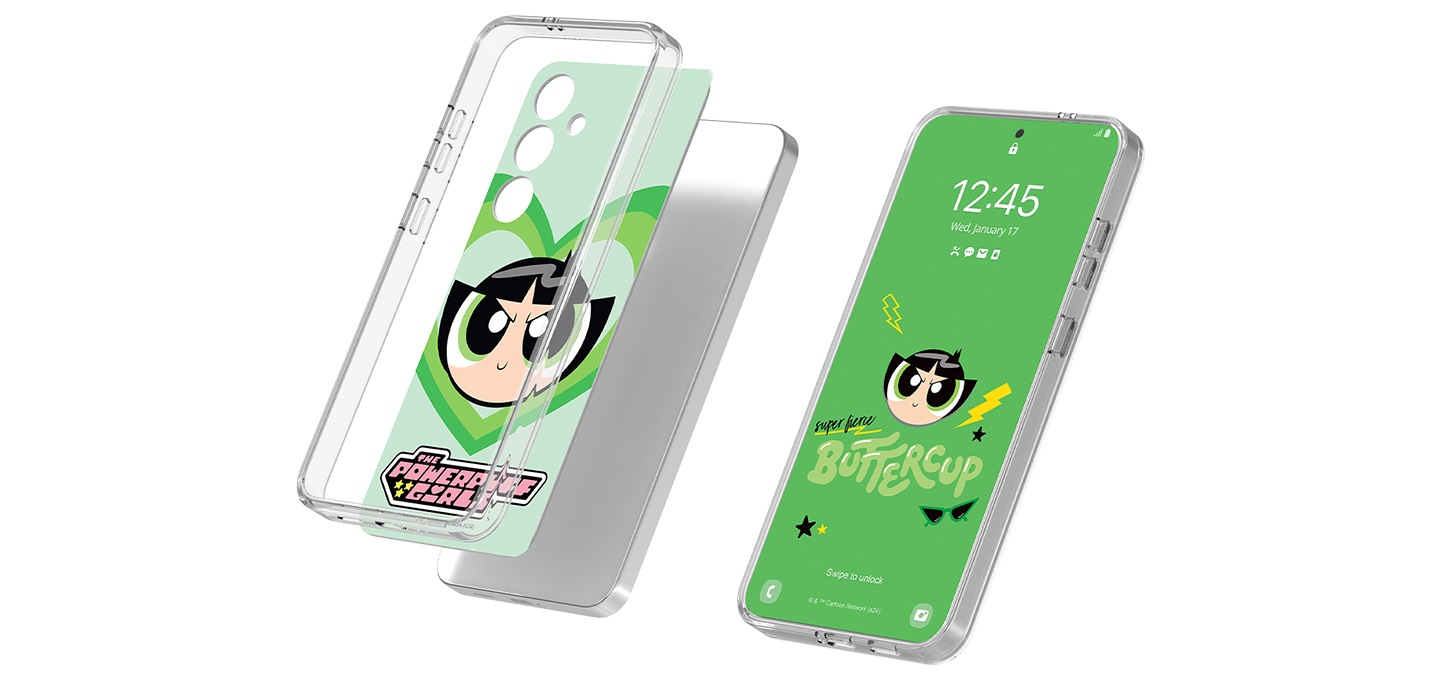 이미지 왼쪽 부분에는 플립수트 케이스와 갤럭시 S24+ 파워퍼프걸 플립수트를 단말에 장착하는 순서의 이미지가 배치하여 있고 이미지 오른쪽 부분에는 갤럭시 S24+ 파워퍼프걸 플립수트 카드를 장착 후 단말 화면에 나오는 이미지를 보여주고 있는 이미지가 배치되어 있는 이미지입니다.