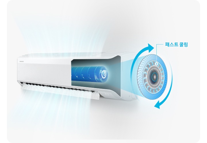 벽걸이 에어컨이 패스트 쿨링으로 작동중인 모습이 보여지고 벽걸이 에어컨 바람문에서는 시원한 바람이 나오는 듯한 형상을 띄고 있고 상단에서는 바람을 빨아드리는 형상을 하고 있습니다.  벽걸이 에어컨의 우측 절반이 일러스트로 내부가 보여지는 듯이 그려져 있고 우측에 패스트 쿨링 하는 모습이 일러스트로 크게 확대되어 보여지고 있습니다. 