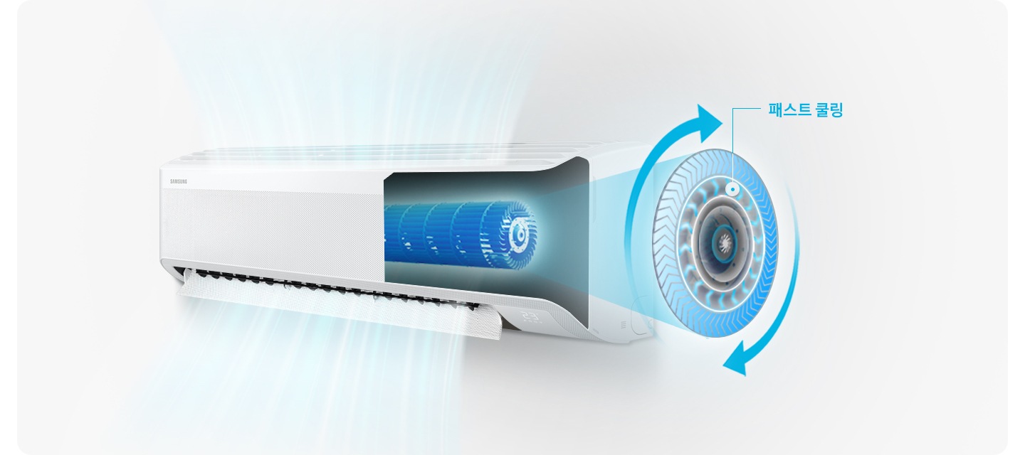 벽걸이 에어컨이 패스트 쿨링으로 작동중인 모습이 보여지고 벽걸이 에어컨 바람문에서는 시원한 바람이 나오는 듯한 형상을 띄고 있고 상단에서는 바람을 빨아드리는 형상을 하고 있습니다.  벽걸이 에어컨의 우측 절반이 일러스트로 내부가 보여지는 듯이 그려져 있고 우측에 패스트 쿨링 하는 모습이 일러스트로 크게 확대되어 보여지고 있습니다. 