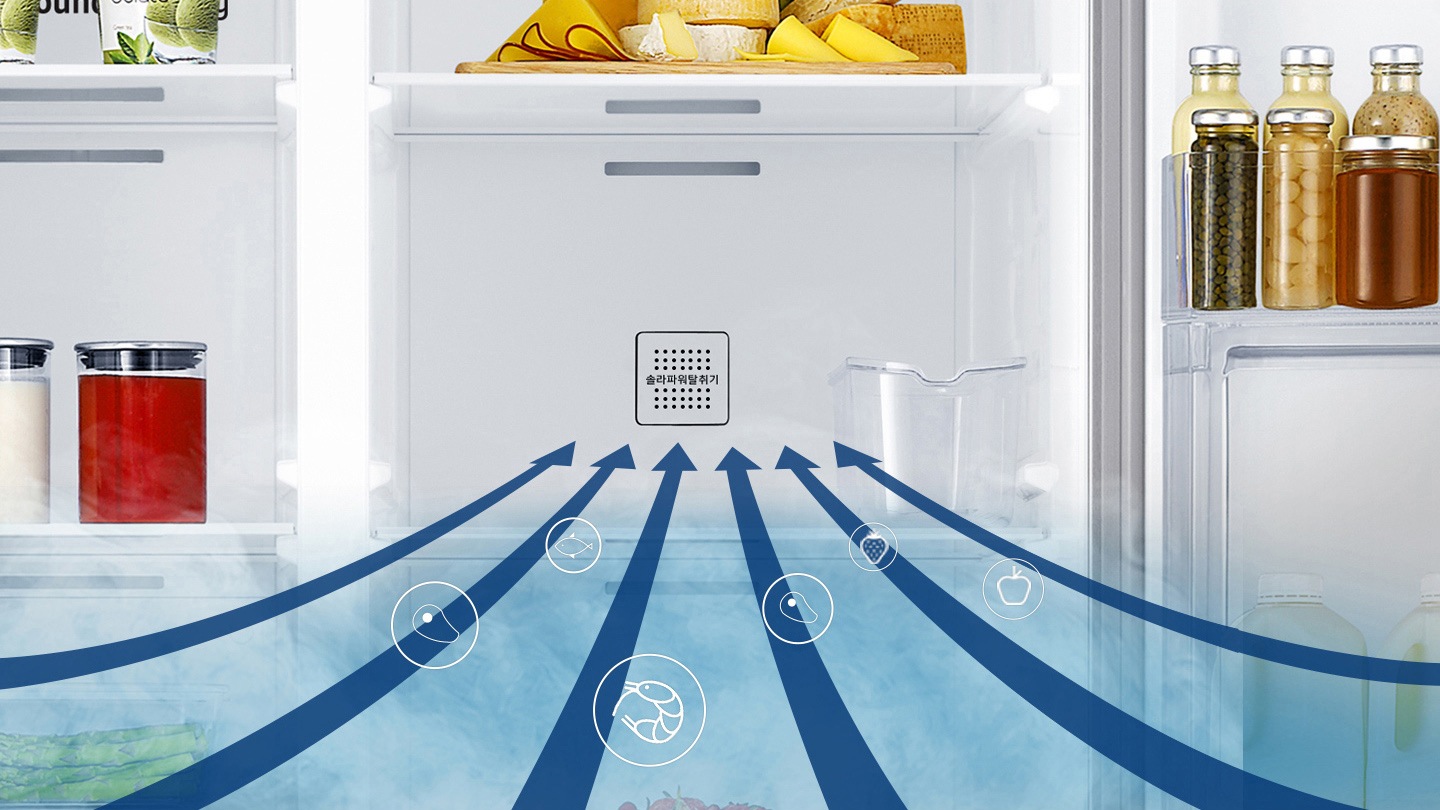 냉장고 안의 솔라파워탈취기 부분으로 냉장고 안의 잡내가 빨려 들어가는 모습이 보여지고 있습니다.
