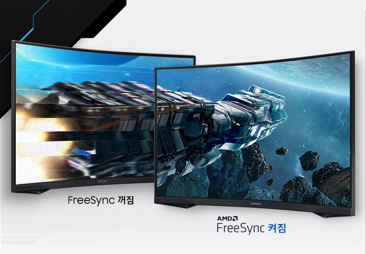 AMD FreeSync™가 적용된 모니터와 그렇지 않은 모니터 두대를 비교하여 보여주고 있습니다.