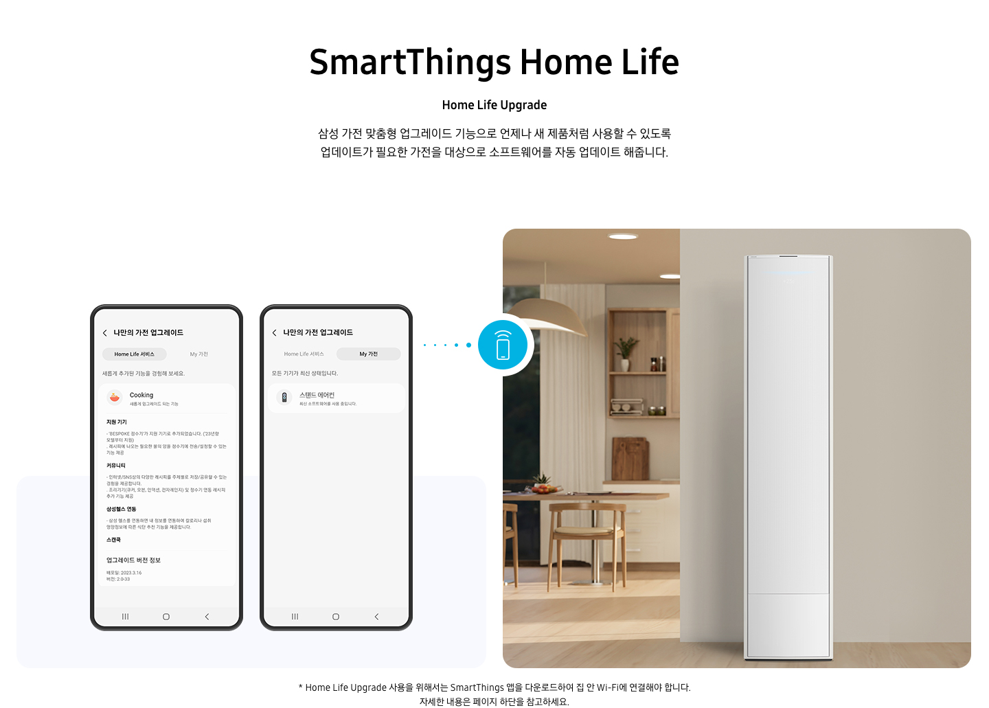 상단부터 타이틀, 서브 타이틀, 설명 글, 이미지가 보여지며 1. 타이틀 SmartThings Home Life 2. 서브타이틀 pet care 3. 설명글 한층 진화된 경험을 할 수 있는 Home Life Upgrade 이 보여지고 하단엔 좌측엔 모바일 디바이스 2개와 나만의 가전 업그레이드화면이 보여지고 우측엔 거실로 보여지는 공간에 스탠드에어컨이 보여지고 두 이미지 사이에 휴대폰에서 와이파이 모양이 나오는 듯한 아이콘이 보여집니다. 하단에 설명글로 * Home Life Upgrade 사용을 위해서는 SmartThings 앱을 다운로드하여 집 안 Wi-Fi에 연결해야 합니다. 자세한 내용은 페이지 하단을 참고하세요. 보여집니다.