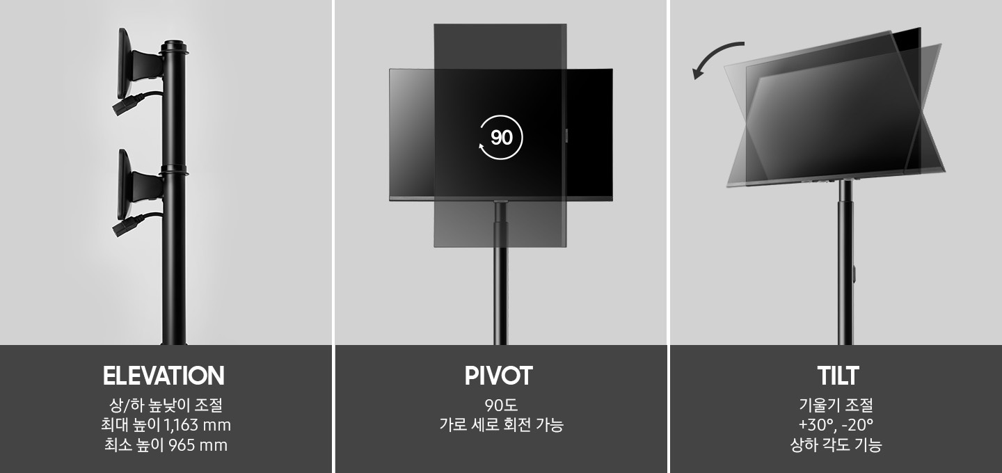 모니터 스탠드에 설치된 모니터를 상, 하, 90도 회전가능한 모습을 보여주고 있습니다. 