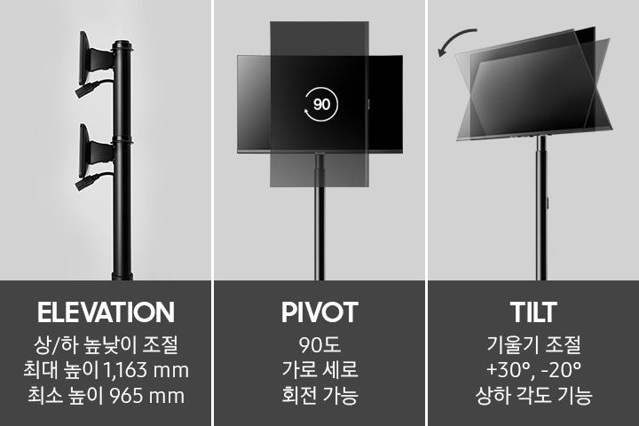 모니터 스탠드에 설치된 모니터를 상, 하, 90도 회전가능한 모습을 보여주고 있습니다. 