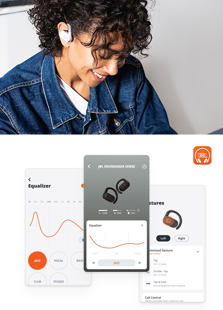 왼 : 여성이 이어폰을 작용한 상태로 아래를 보고 있습니다. 왼손 옆에는 노트북이 있습니다. 오 : 앱 화면이 보이고 있으며 오른쪽 상단에는 JBL 앱 아이콘이 있습니다.