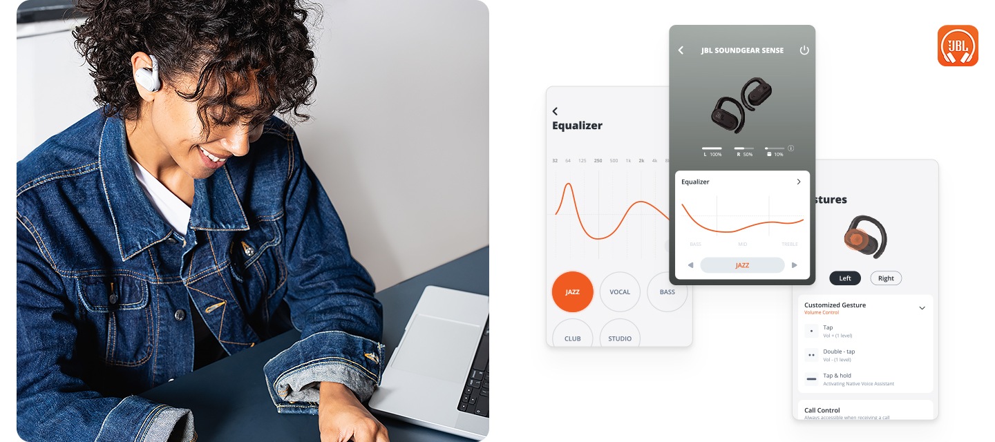 왼 : 여성이 이어폰을 작용한 상태로 아래를 보고 있습니다. 왼손 옆에는 노트북이 있습니다. 오 : 앱 화면이 보이고 있으며 오른쪽 상단에는 JBL 앱 아이콘이 있습니다.