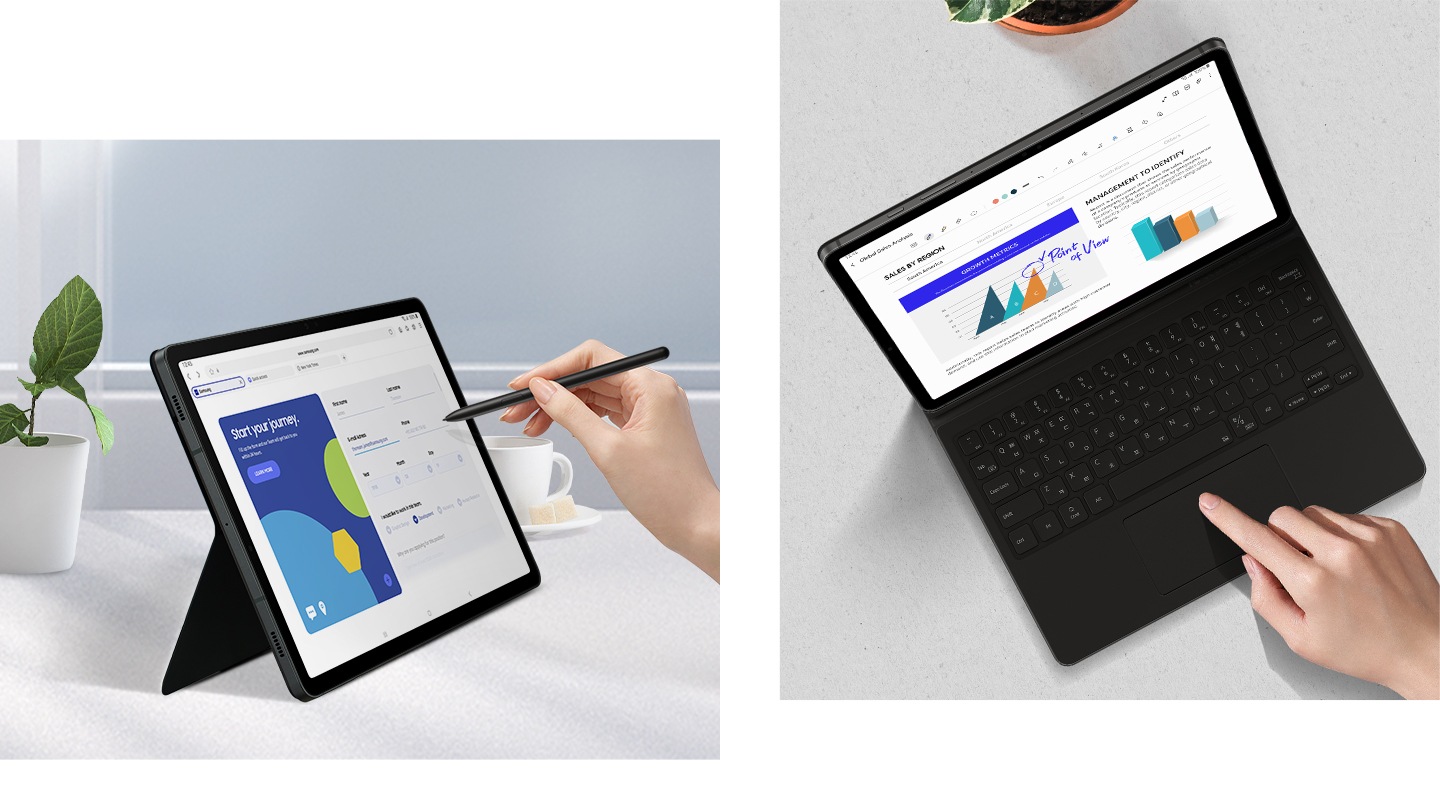 갤럭시 탭 이미지가 분할로 나뉘어져 보여집니다. 왼쪽에는 북커버를 뒤로 받침으로 사용하여 S펜으로 사용하는 이미지가 보여지며, 오른쪽에는 북커버를 앞으로 사용하여 키보드로 사용하는 이미지가 보여집니다.