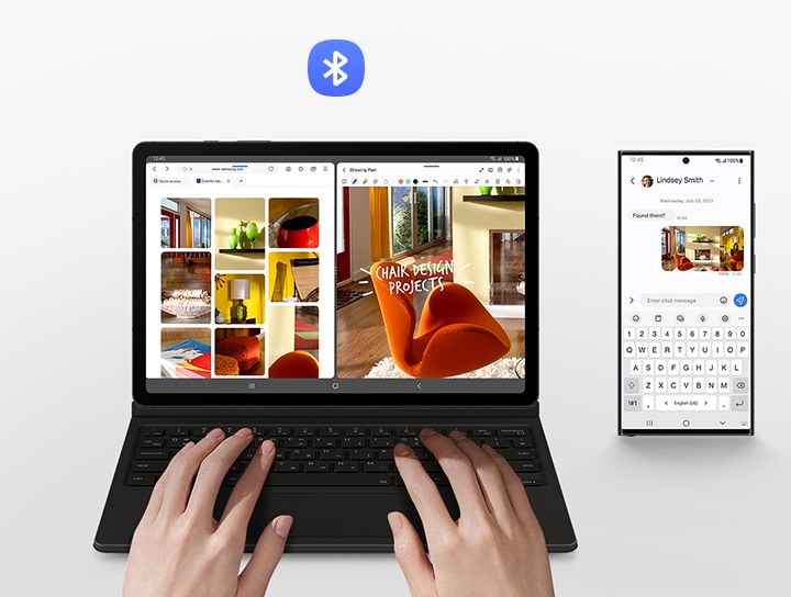 무선 키보드 공유 기능을 통해 다른 갤럭시 기기와도 간단하게 연결해 사용하는 것을 보여주는 이미지