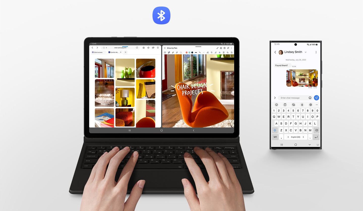 무선 키보드 공유 기능을 통해 다른 갤럭시 기기와도 간단하게 연결해 사용하는 것을 보여주는 이미지